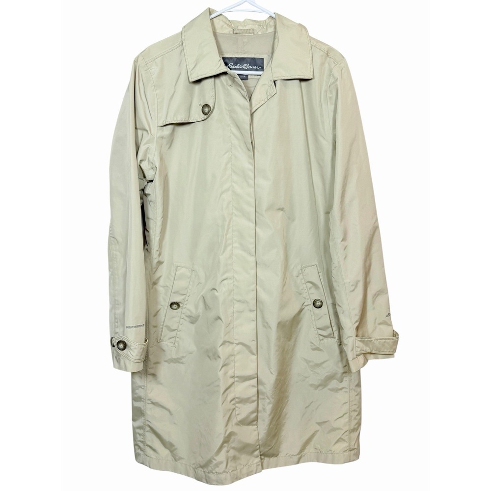 Eddie Bauer WeatherEdge Trench Coat Womens Medium Beige Rain Jacket Minimalist